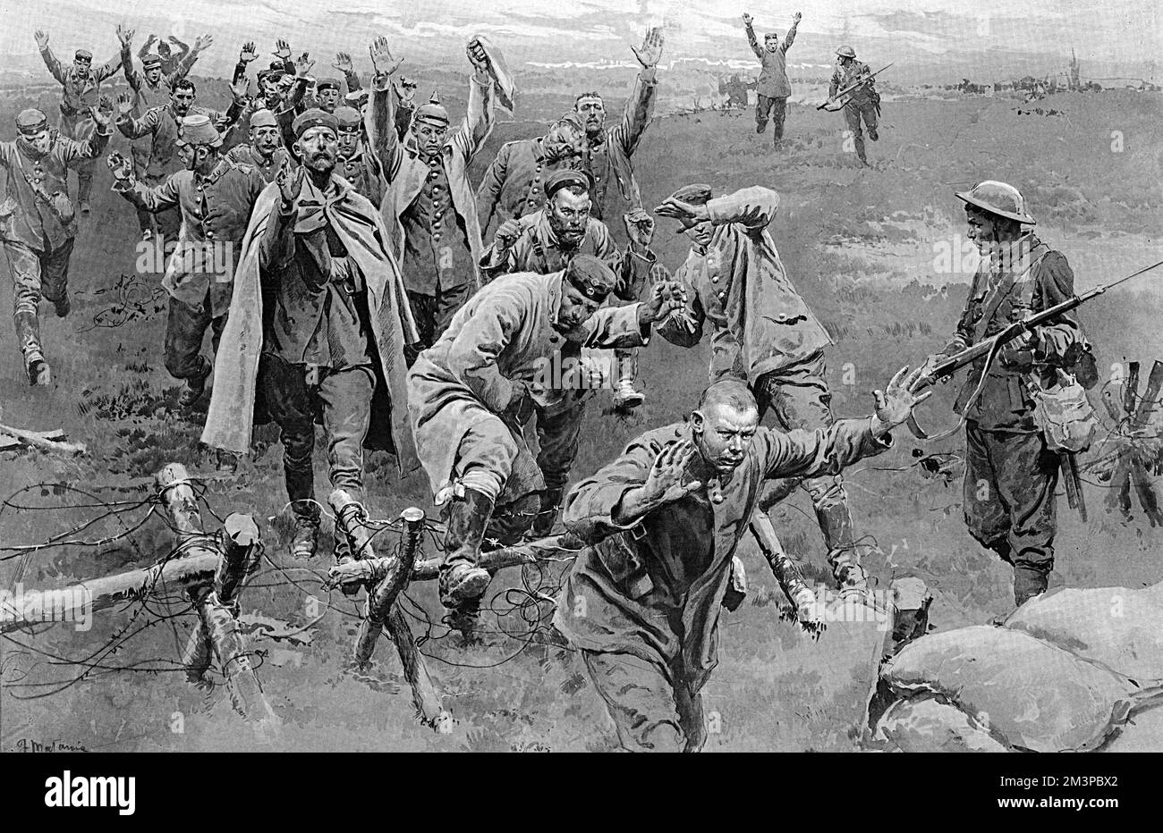 Surrendered German being marshalled by British soldiers following the defeat of their counter-attack at Trones Wood.  The incident depicted took place near an advanced trench in the British line.  The trench had been badly battered and many casualties had been caused when the German made their final attack.  The first wave got through the British barrage and were held up by two Lewis guns which had survived the bombardment and by rapid rifle fire, characteristic of British infantry.  The second wave did not advance any further, having been broken down by the British barrage which included shra Stock Photo