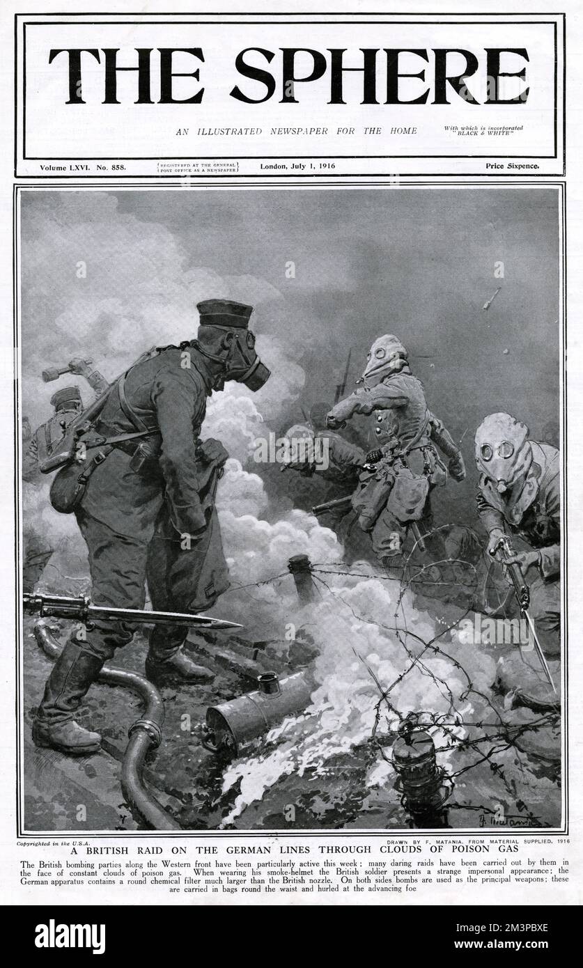 A British bombing party makes a raid on German lines through clouds of poison gas. Both sides are wearing their own versions of gas masks - the British version looking somewhat more primitive - and hurling grenades. Stock Photo