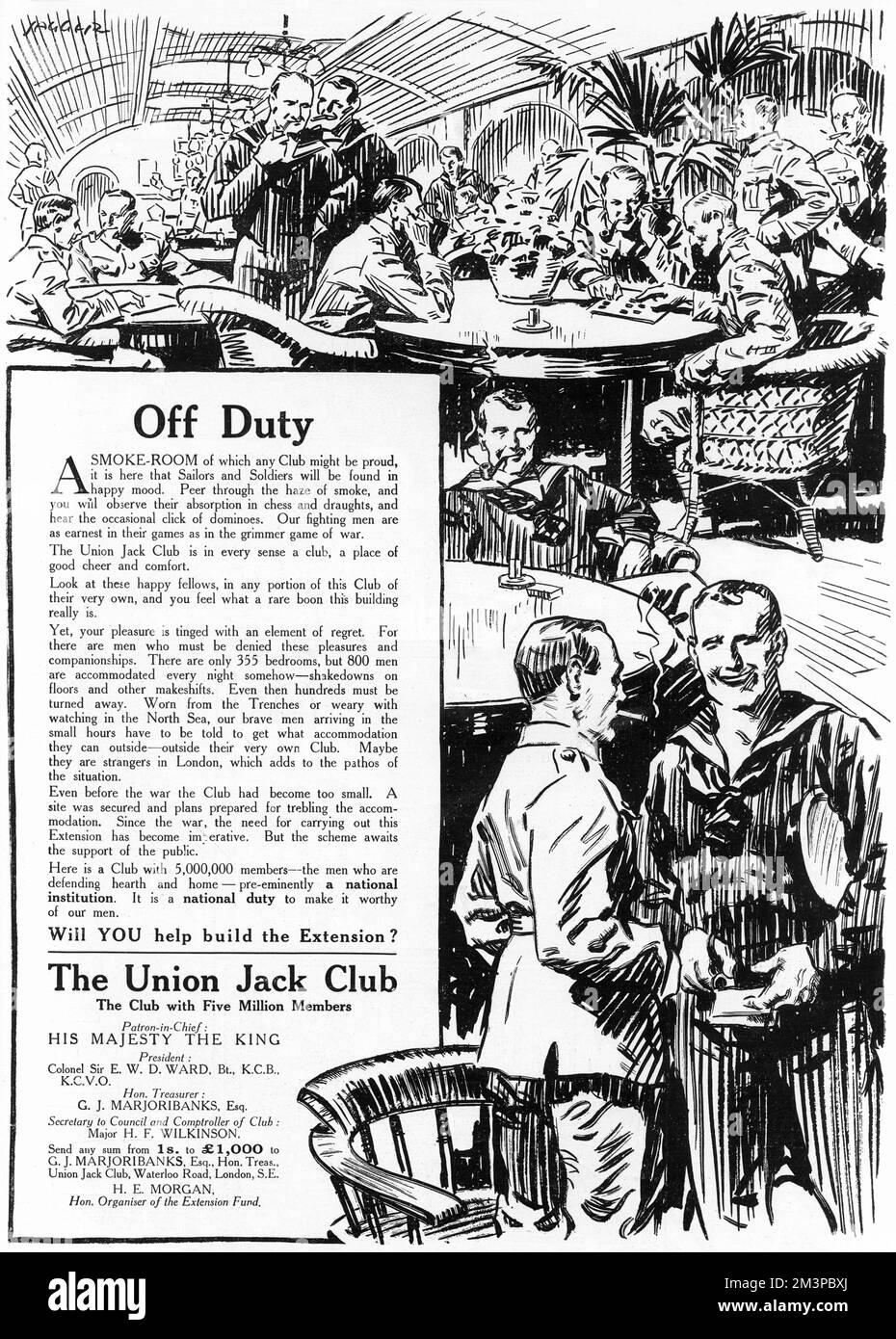 Advertisement in The Sphere, asking for donations towards an extension to the Union Jack Club of Waterloo Road, London during the First World War. The Union Jack Club was founded in 1907 as a place for servicemen of all nationalities to stay while in London. The appeal mentions that though the club had 355 bedrooms, it accommodated 800 men every night.  Illustration shows the smoke-room of the club with soldiers and sailors pictured relaxing  and playing board games among the haze of pipe and cigarette smoke.       Date: 1916 Stock Photo