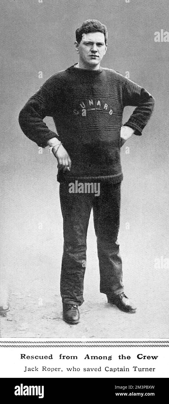 Jack Roper, a surviving crew member of the Cunard ocean liner RMS Lusitania, which was sunk by German U-Boat torpedo on 7th May 1915. Jack Roper helped to rescue many of the survivors, including Captain William Turner.     Date: May 1915 Stock Photo