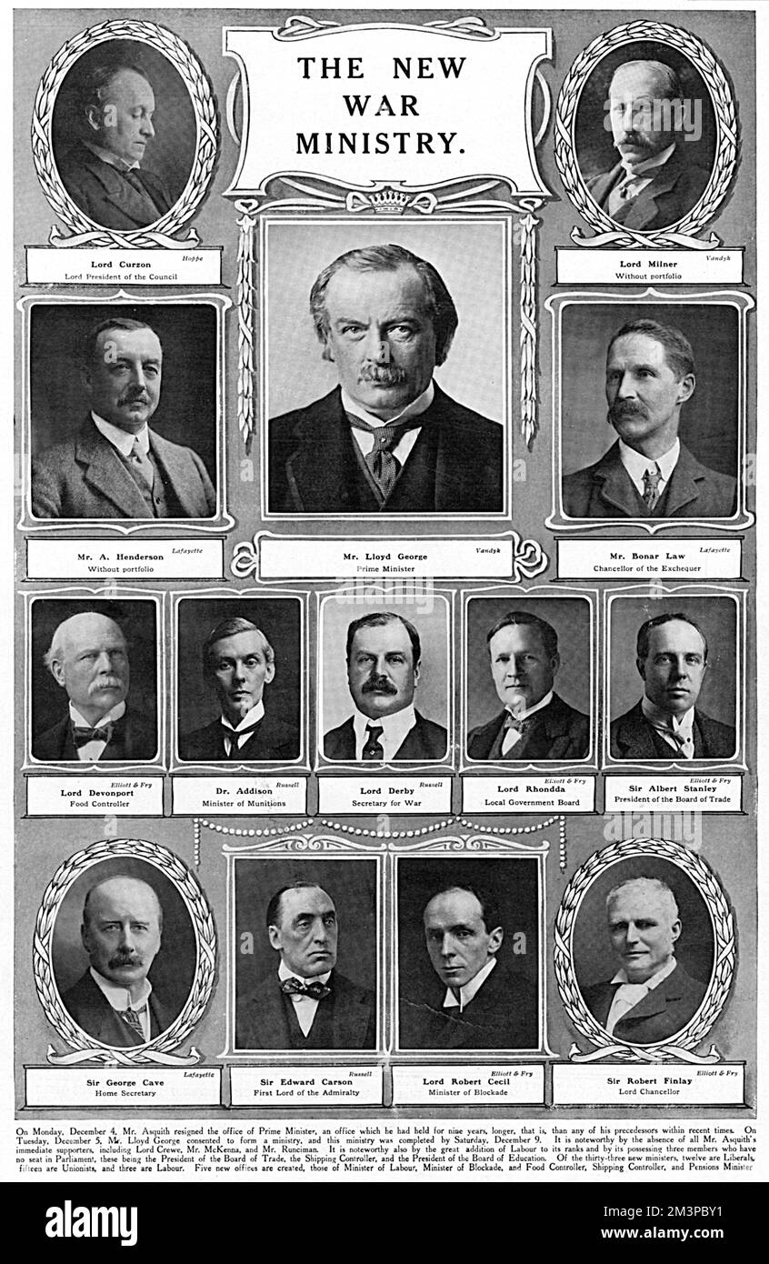 The new war ministry following the resignation of Herbert Asquith on 4 December 1916.  Centre is Prime Minister David Lloyd George.  Top left, Lord Curzon, Lord President of the Council, below him, Mr A. Henderson, Minister without Portfolio, top right Lord Milner, also without portfolio, below him Andrew Bonar Law, Chancellor of the Exchequer.  Next row down from left, Lord Devonport, Food Controller, Dr. Addison, Minister of Munitions, Lord Derby, Secretary for War, Lord Rhondda, Local Government Board, Sir Albert Stanley, President of the Board of Trade.  Bottom row, from left, Sir George C Stock Photo