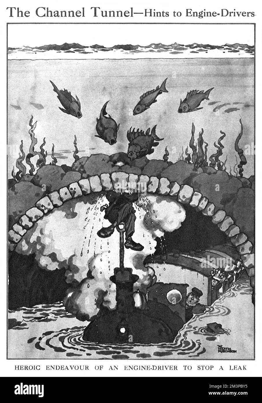 Heroic endeavour of an engine-driver to stop a leak.  An engine driver sticks his head in a hole threatening to flood the Channel Tunnel - a humorous scenario envisaged by William Heath Robinson.      Date: 1919 Stock Photo
