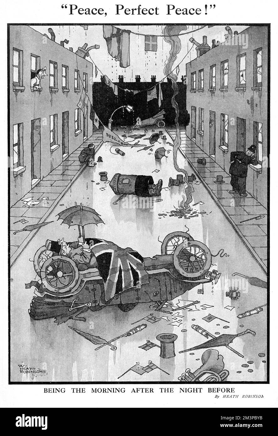 Peace, Perfect Peace by Heath Robinson. Being the Morning after the Night Before.  The aftermath of energetic peace celebrations to mark the end of the First World War, Heath Robinson imagines a street strewn with fallen flags and banners, somebody comatose in a letter box and a couple fast asleep on an upturned car, with umbrellas up to shelter from the drizzle, warm under a Union Jack flag. Ever a police officer has stopped for a doze on a convenient windowsill.       Date: 1919 Stock Photo