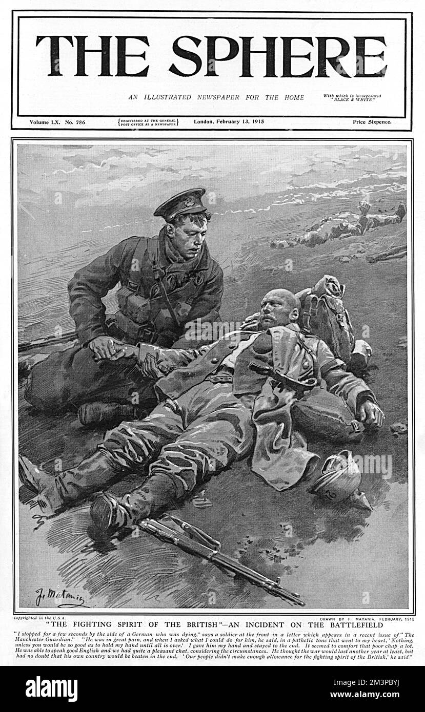 An illustration by Fortunio Matania based on a letter apparently sent to the Manchester Guardian by a British soldier at the Western Front. &quot;I stopped for a few seconds by the side of a German who was dying. He was in great pain, and when I asked what I could do for him, he said, in a pathetic tone that went to my heart, 'Nothing, unless you would be so good as to hold my hand until all is over'. I gave him my hand and stayed to the end. It seemed to comfort  that poor chap a lot. He was able to speak good English and we had quite a pleasant chat, considering the circumstances. He thought Stock Photo