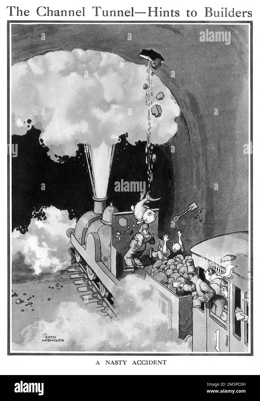 A Nasty Accident befalling the drivers of a Channel Tunnel train when a loose brick allows an enormous fish to fall on their head.  One of a number of disastrous scenarios dreamt up by William Heath Robinson if the building of the Channel Tunnel was to go ahead.       Date: 1919 Stock Photo