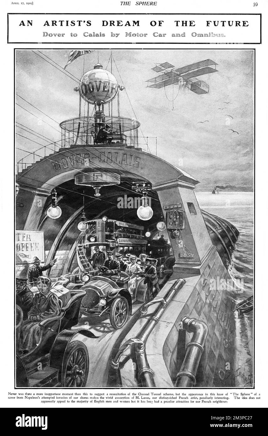 Artist's impression of the exit of the Channel Tunnel at Dover showing a variety of motor cars and omnibuses arriving from France.  The notion of an underwater tunnel linking France and Britain had been discussed since the early 19th century.       Date: 1909 Stock Photo
