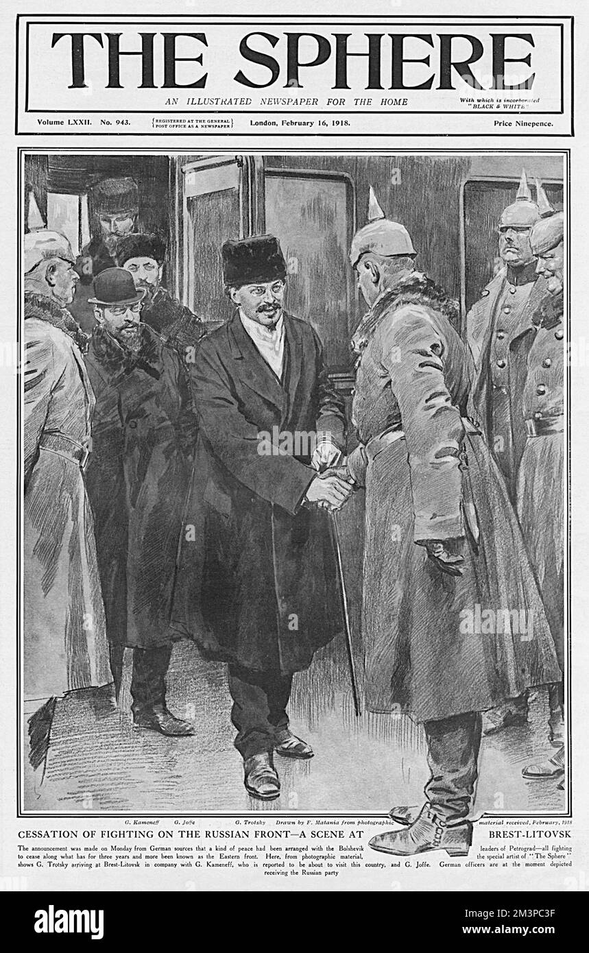 Front cover of The Sphere with illustration by Fortunino Matania showing the cessation of fighting on the Russian Front with Bolshevik leaders Trotsky, Goffe and Kameneff arriving by train at Brest-Litovsk to be met by German officers.       Date: 1918 Stock Photo