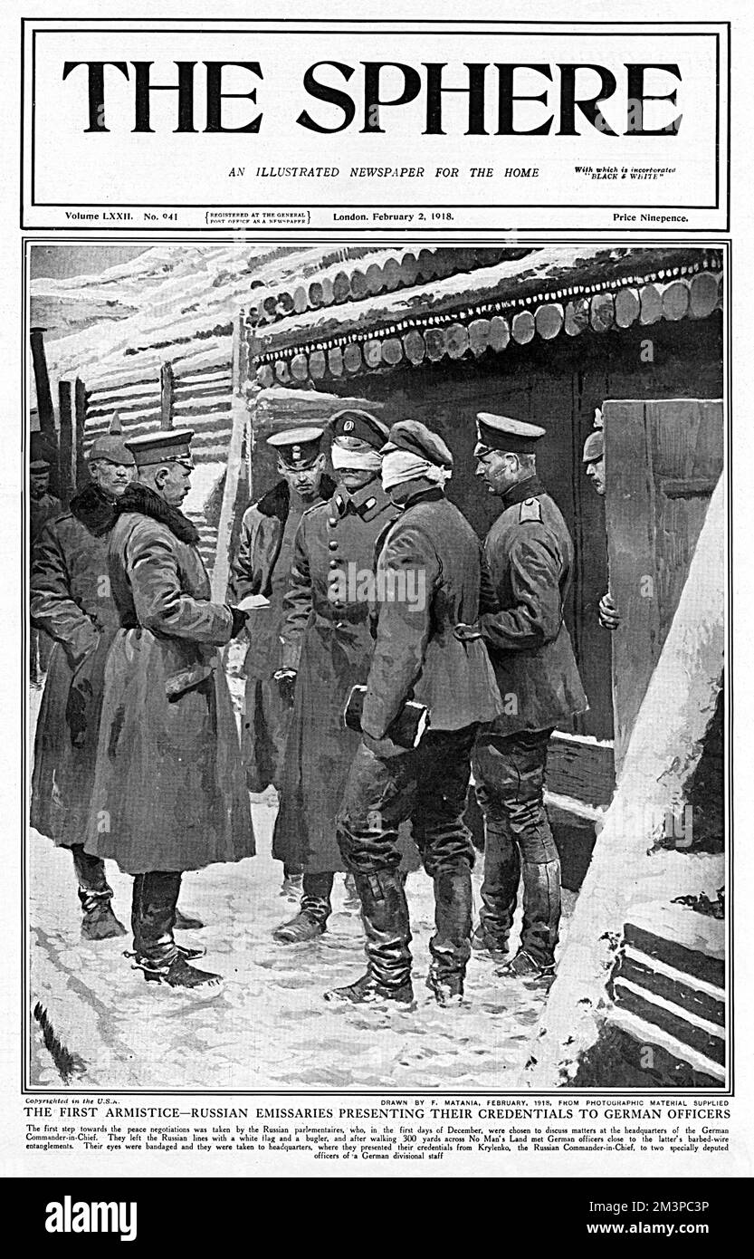 The First Armistice by Fortunino Matania, showing Russian emissaries presenting their credentials to German officers.  The first step towards peace negotiations was taken by the Russian parliamentaires who, in the first days of December 1917 were chosen to discuss matters at the headquarters of the German Commander-in-Chief.  they left the Russian lines with a white flag and a bugler, and after walking 300 yards across No Man's Land met German officers close to the latter's barbed-wire entanglements.  Their eyes were bandaged and they were taken to headquarters, where they presented their cred Stock Photo