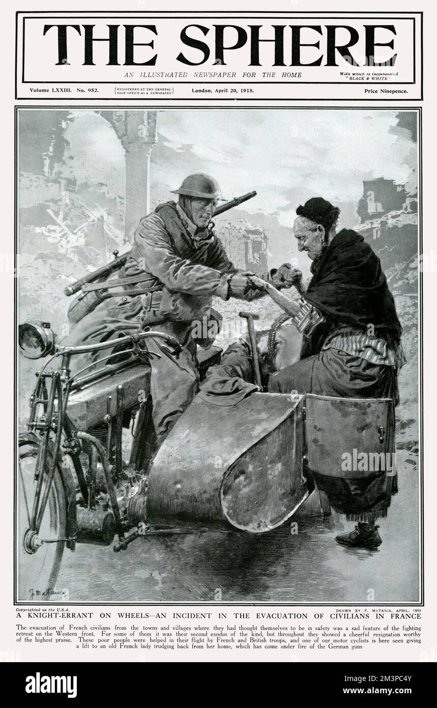A Knight-Errant on wheels - an incident in the evacuation of civilians in France.  A British motor cyclists helps an old French lady, evacuated from her home as it has come under fire from German guns, into the side-car of his vehicle.  The fighting retreat of 1918 meant that many civilians found themselves leaving their homes for a second time.         Date: 1918 Stock Photo