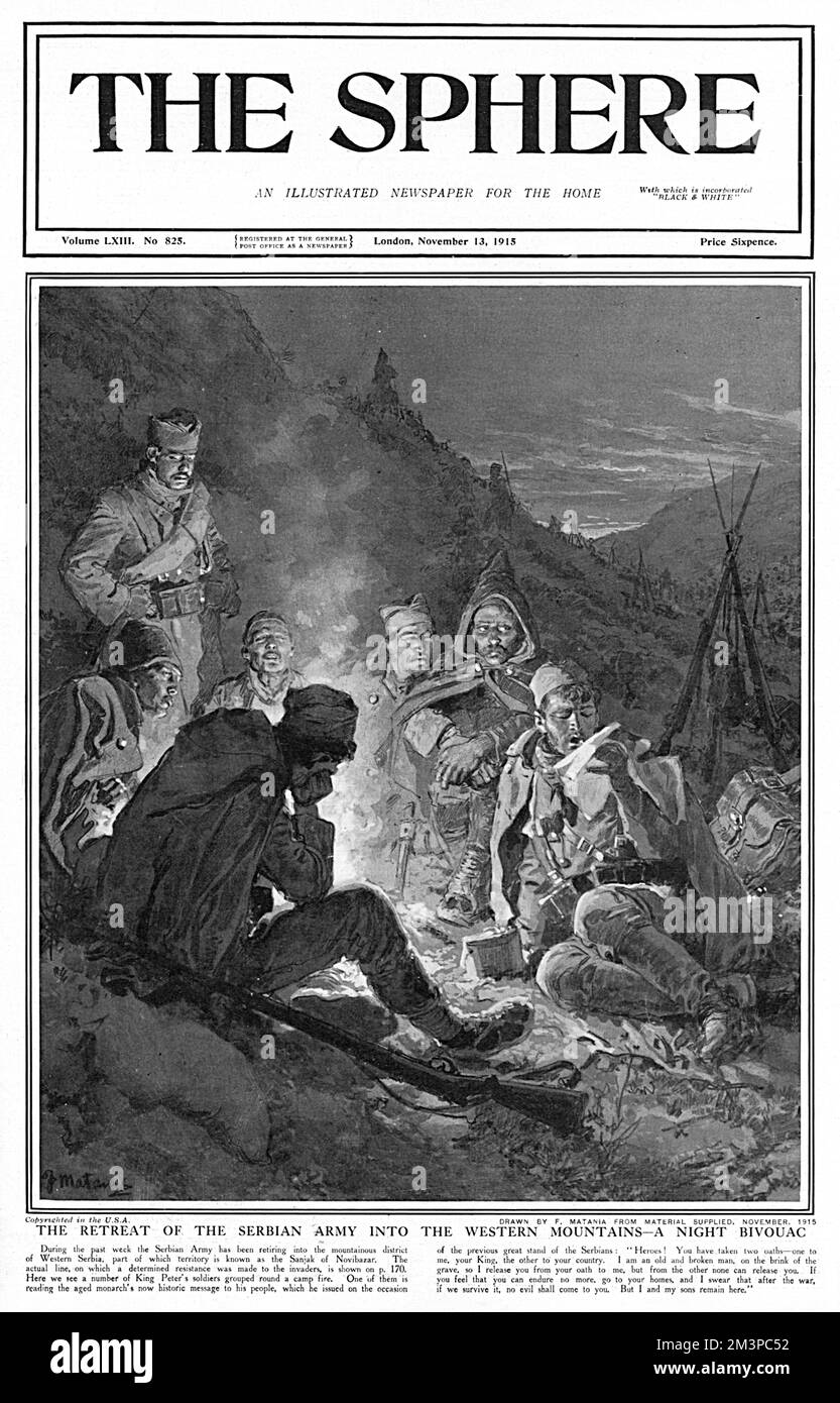 A group of Serbian soldiers bivouac in the mountainous district of Western Serbia during the army's retreat. Gathered round a camp fire, one of the soldiers is reading an inspiring patriotic message from King Peter to his people.     Date: November 1915 Stock Photo
