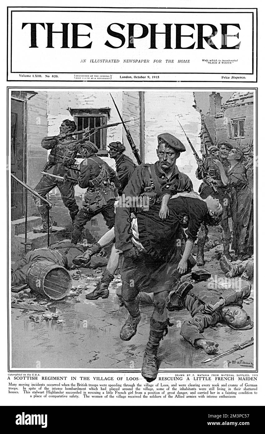 As British troops sweep through the French town of Loos, A Highlander rescues a young French girl from danger and moves her to comparative safety. In the background, British troops continue to clear the town of German occupiers, and are greeted warmly by the French residents.     Date: September 1915 Stock Photo