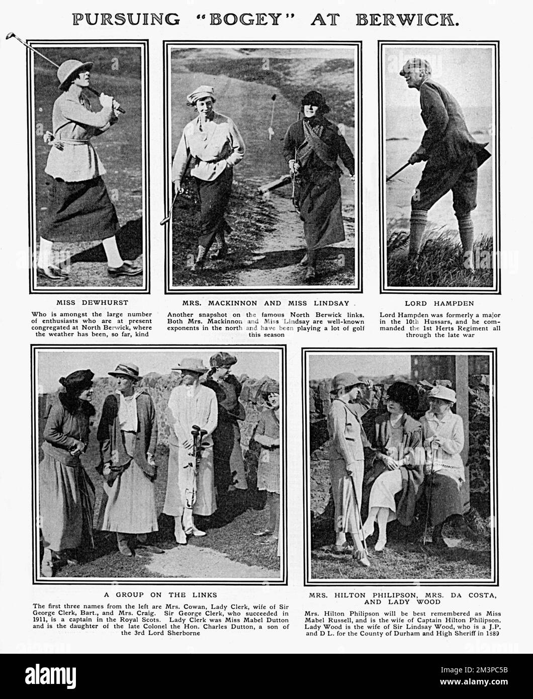 Golfers at the &quot;Redan&quot;, North Berwick. Clockwise from top left: Miss Dewhurst; Mrs Mackinnon and Miss Lindsay; Lord Hampden; Mrs Hilton Philipson, Mrs Da Costa and Lady Wood; and Mrs Cowan, Lady Clerk; and Mrs Craig.     Date: 1920 Stock Photo