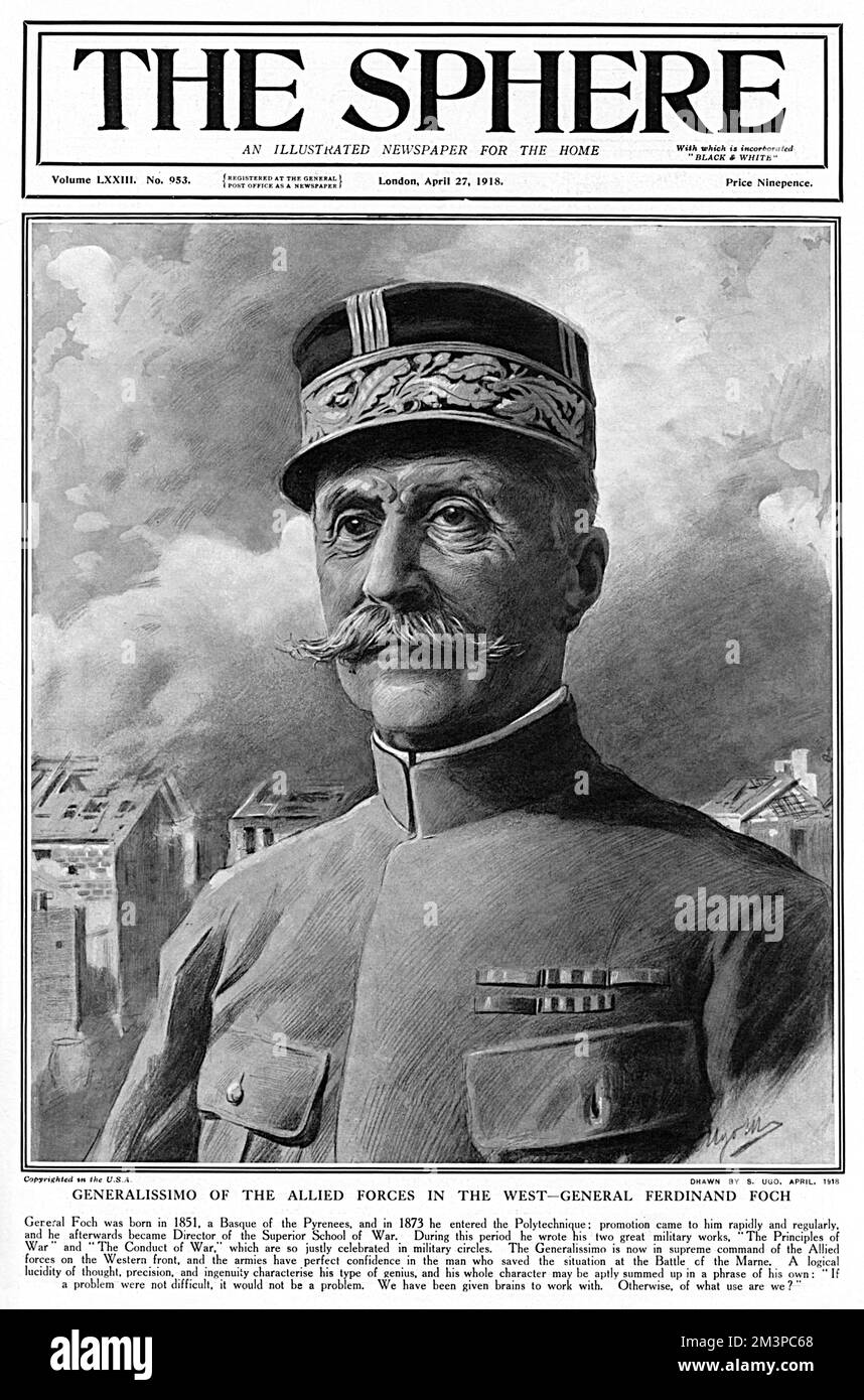 Front cover of The Sphere featuring General Ferdinand Foch (1851-1929), Marshal of France by Fortunino Matania.     Date: 1918 Stock Photo
