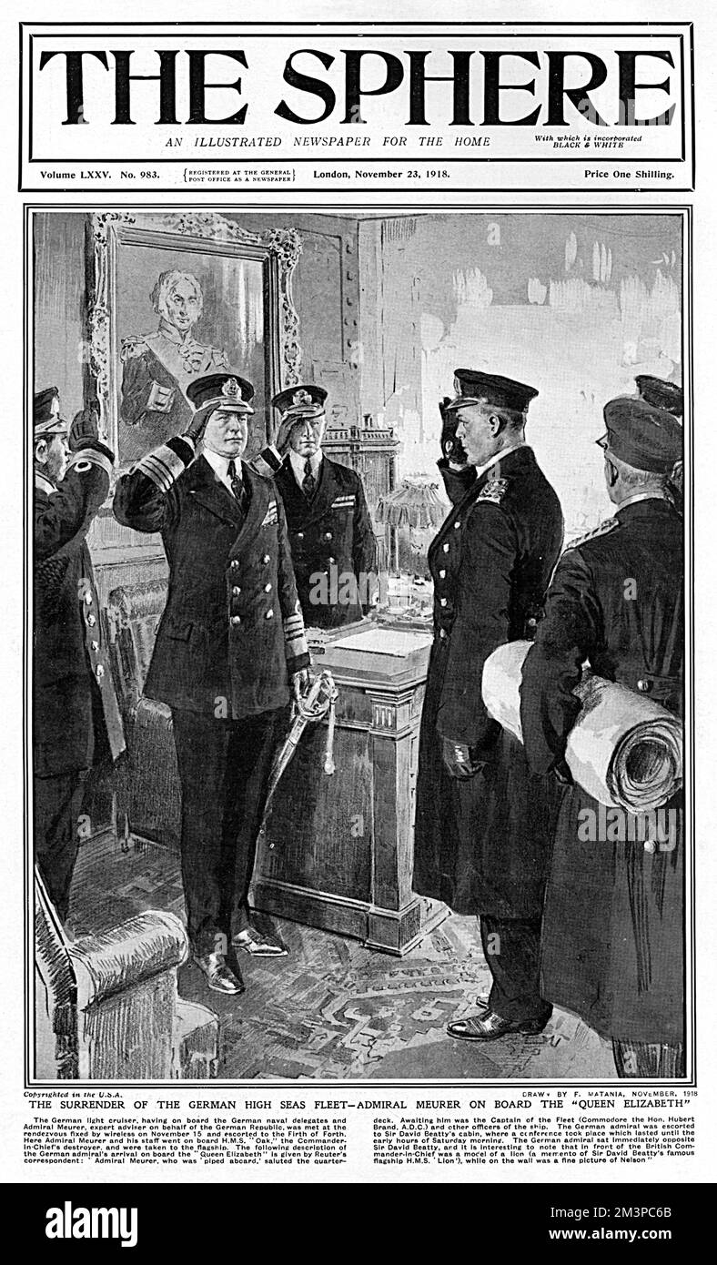 The surrender of the German High Seas Fleet - Admiral Meurer on board the &quot;Queen Elizabeth&quot; in the Firth of Forth, saluting Admiral Sir David Beatty in his cabin.     Date: 1918 Stock Photo