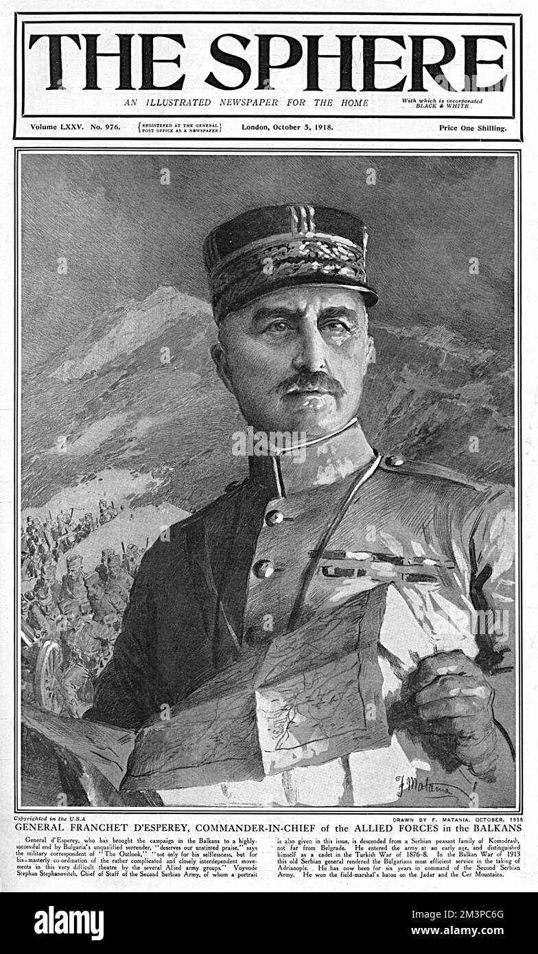 Sphere front cover illustration by Fortunino Matania of Louis Felix Marie Francois Franchet d'Esperey (1856-1942), French Army General during the First World War when he was Commander-in-Chief of Allied forces in the Balkans. He was made a Marshal of France in 1921.      Date: 1918 Stock Photo
