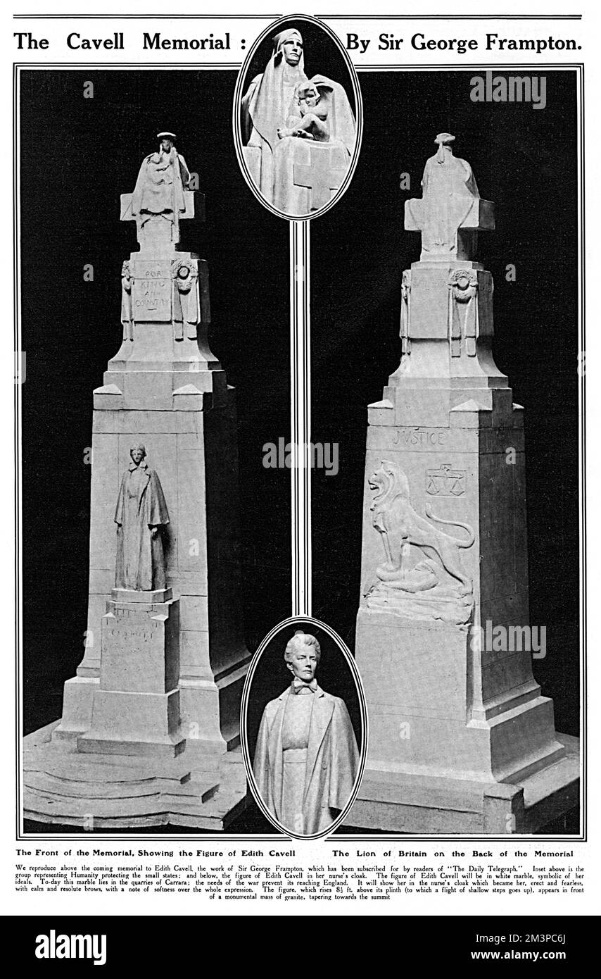Page from The Sphere reporting on the memorial to British nurse, Edith Cavell by Sir George Frampton.  Edith Cavell (1865 - 1915), British nurse and patriot. Edith was the head of a training school for nurses in Brussels during German occupation, enabled many British, French and Belgian soldiers to escape from Belgium. Arrested by the Germans in August 1915 on charges of helping 200 Allied soldiers escape to the Netherlands during the First World War. She was executed on 12th October 1915 by German firing squad. Her last words before being shot were: &quot;I realise that patriotism is not enou Stock Photo
