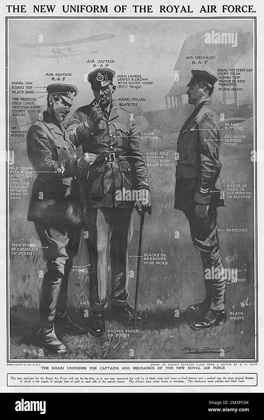 Illustration in The Sphere showing the uniform of the newly formed RAF.  The uniforms for officers and mechanics were to be of khaki cloth with brass or black buttons.  The officers wear either slacks or breeches, the mechanics wear puttees and black boots.  1918 Stock Photo