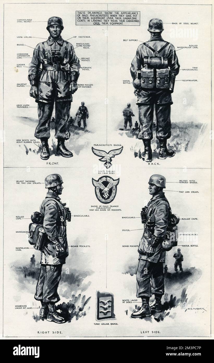 How to recognise Nazi parachutists: dress, arms and equipment.  1940 Stock Photo