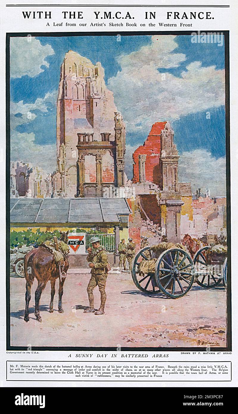 The battered belfry at Arras and in front of the ruins, a little YMCA ...