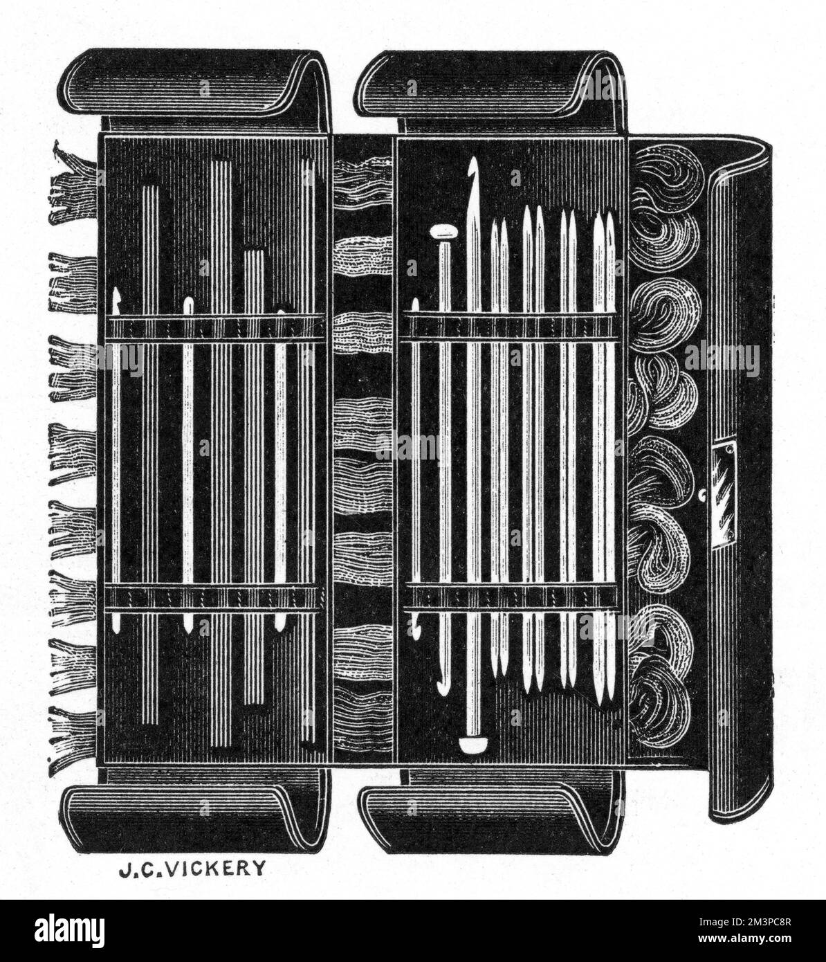 A useful knitting case from J. C. Vickery fitted with excellent bone and steel needles, crochet and wool hooks - the ideal gift for Christmas 1914, when the nation was knitting for soldiers at the front.     Date: 1914 Stock Photo