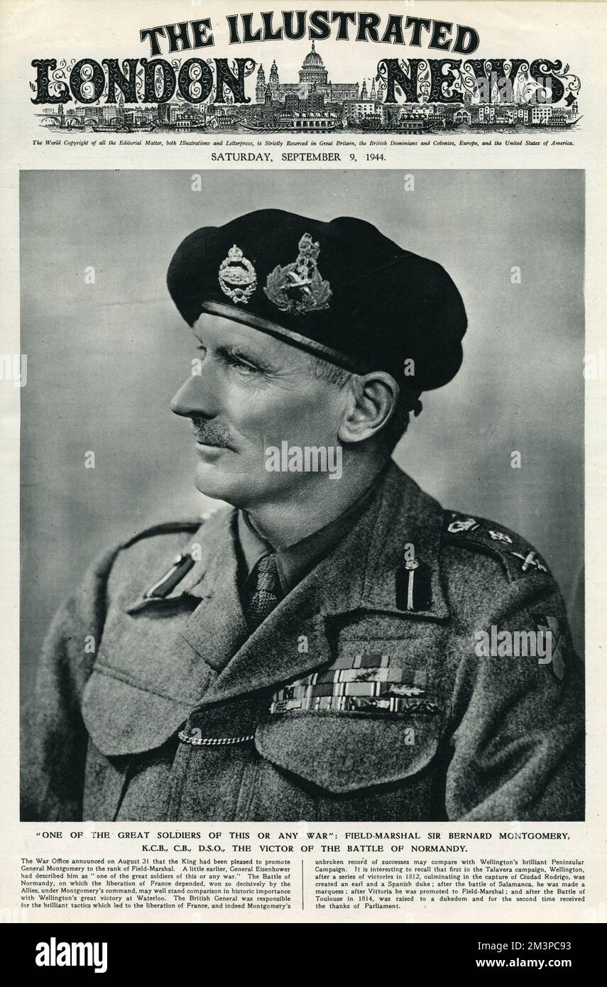 Field Marshal Bernard Law Montgomery, 1st Viscount Montgomery of Alamein, (1887  1976), Montgomery was in command the 3rd division assault on Northern France in 1944. The military manoeuvre began in the early hours of June 6th and included British, Canadian and U.S forces. General Montgomery was famous for his command of the Eighth Army in the North African campaign and his defeat of Erwin Rommel at the Battle of El Alamein. He had previously served in World War One, during which he won the D.S.O.     Date: 1944 Stock Photo