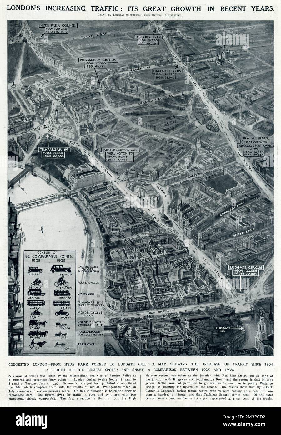 Congested London, from Hyde Park corner to Ludgate Hill, a map showing the increase of traffic since 1904 at eight of the busiest spots.     Date: 1936 Stock Photo