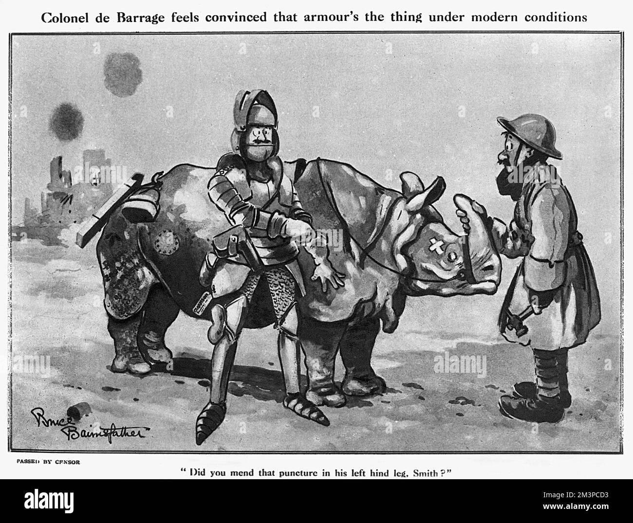 Colonel de Barrage and his armour, Bairnsfather cartoon, WW1 Stock Photo