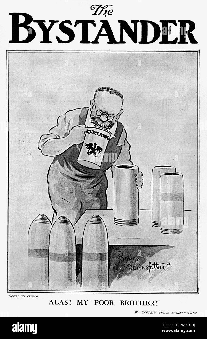 Alas! My poor brother  Cartoon by Captain Bruce Bairnsfather on the front cover of The Bystander showing a stereotypical German munitions worker pouring glycerine into a shell case and opining, Alas! My poor brother.    The cartoon was a comment on unsubstantiated claims in the British press, specifically the Daily Mail, about the existence of the Kadaververwertungsanstalten (literally Corpse-Utilization Factories), also sometimes called the German Corpse-Rendering Works or Tallow Factory  A story was spread that because fats were so scarce in Germany due to the British naval blockade, German Stock Photo