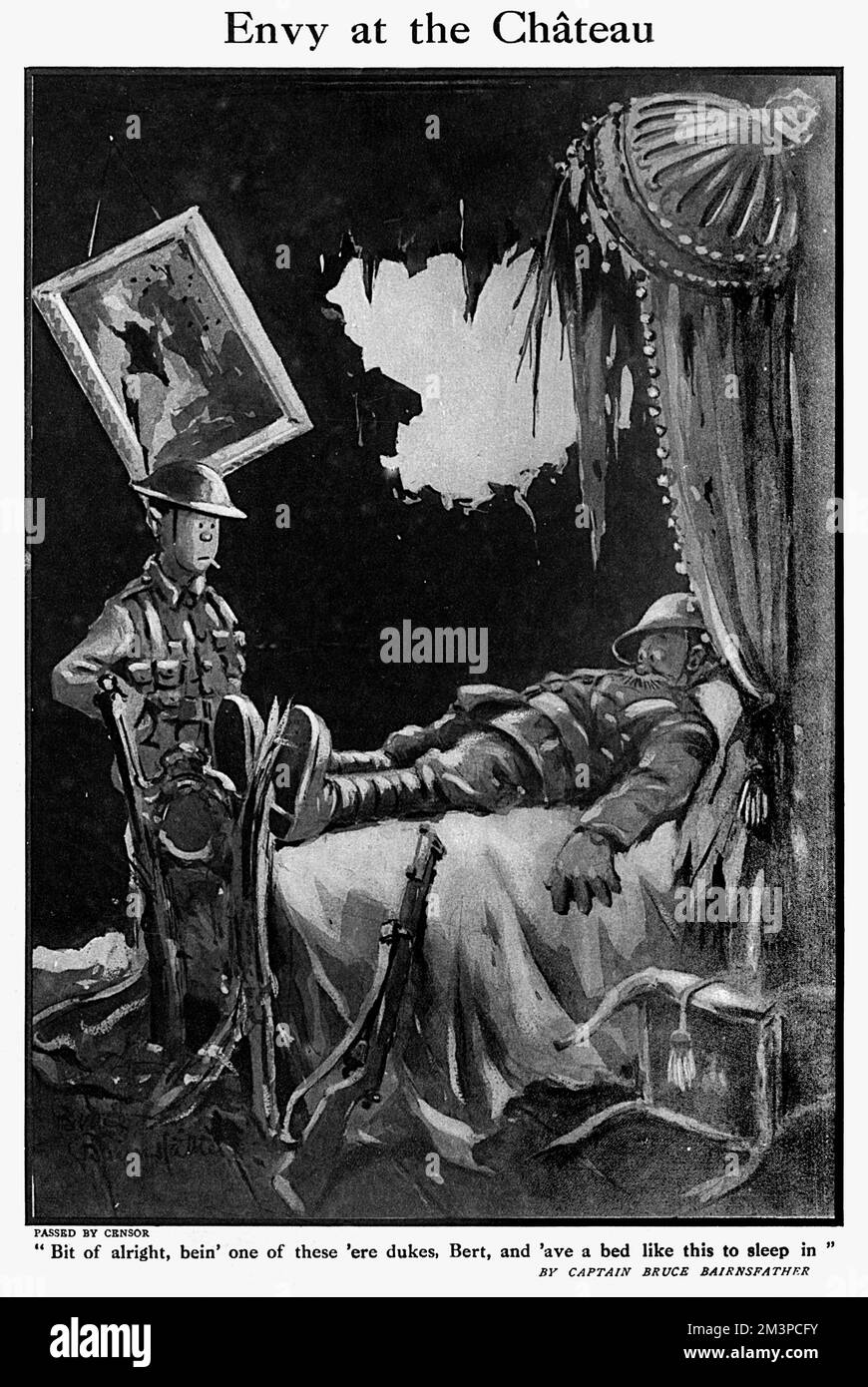 &quot;Bit of alright, bein' one of these 'ere dukes, Bert, and 'ave a bed like this to sleep in&quot;  A cartoon by Bruce Bairnsfather featuring the character of 'Old Bill' and his pal Bert as Bill tests a luxurious bed found in a shell-damaged French chateau.   1917 Stock Photo