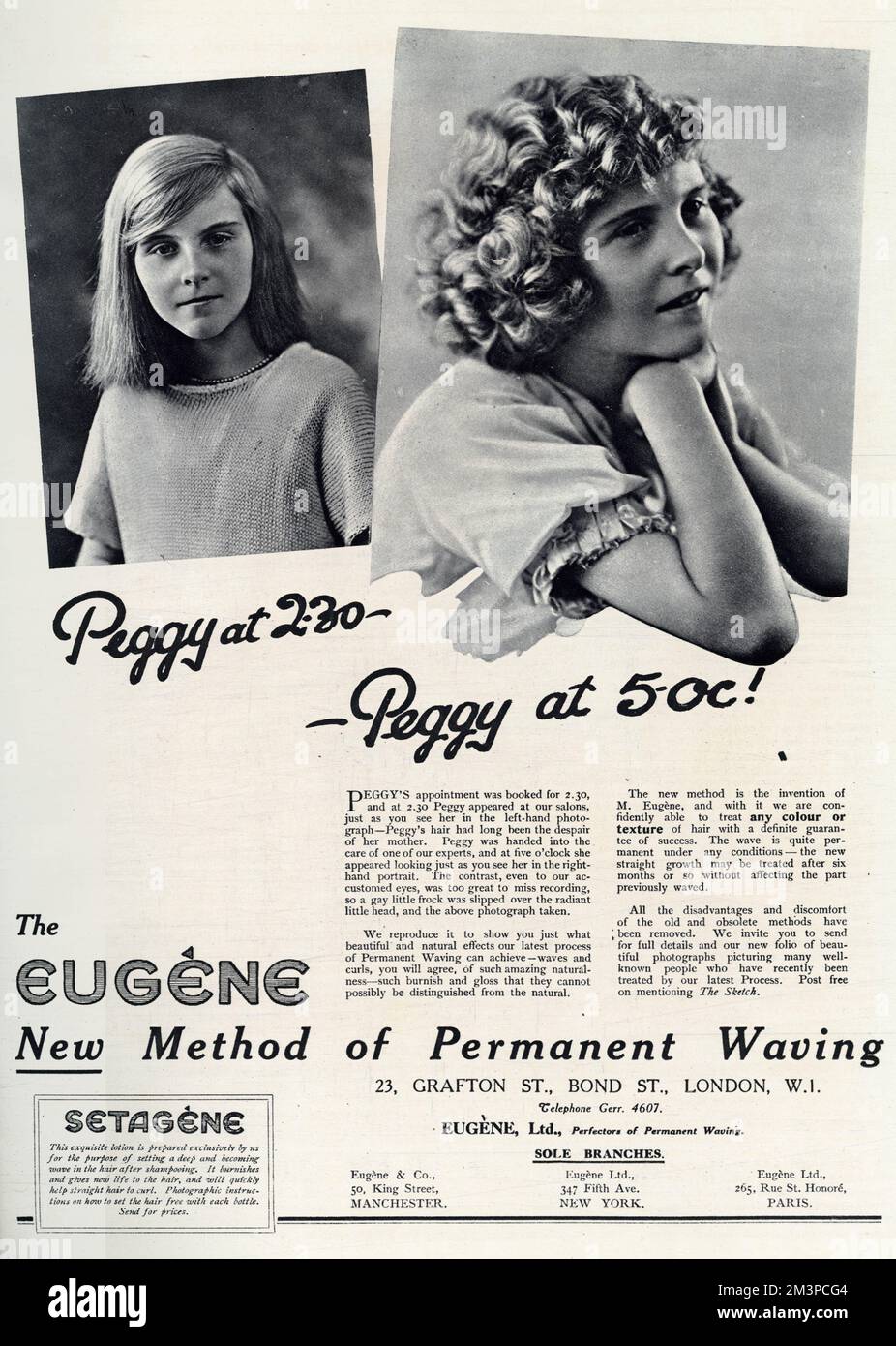 Peggy appeared at our salons, just as you see her in the left-hand photograph, Peggy's hair had been the despair of her mother!  Peggy was handed into the care of one of our experts, and at five o'clock she appeared looking just as you see her in the right-hand photograph!  1922 Stock Photo