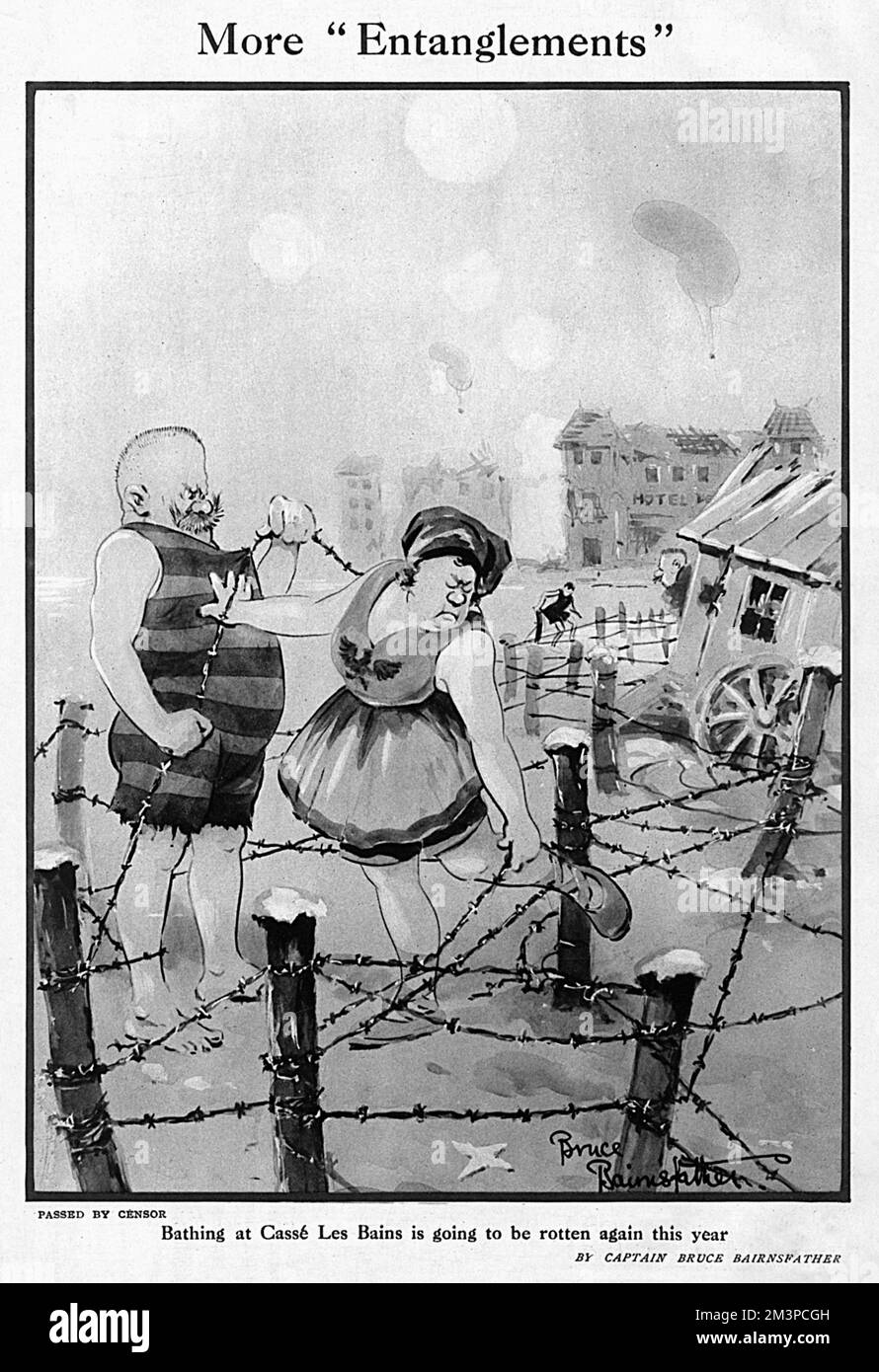 Bathing at Casse Les Bains is going to be rotten again this year. Two stereotypically grouchy looking Germans in bathing costumes do their best to enjoy a seaside holiday despite the barbed wire entanglements on a beach.  1917 Stock Photo