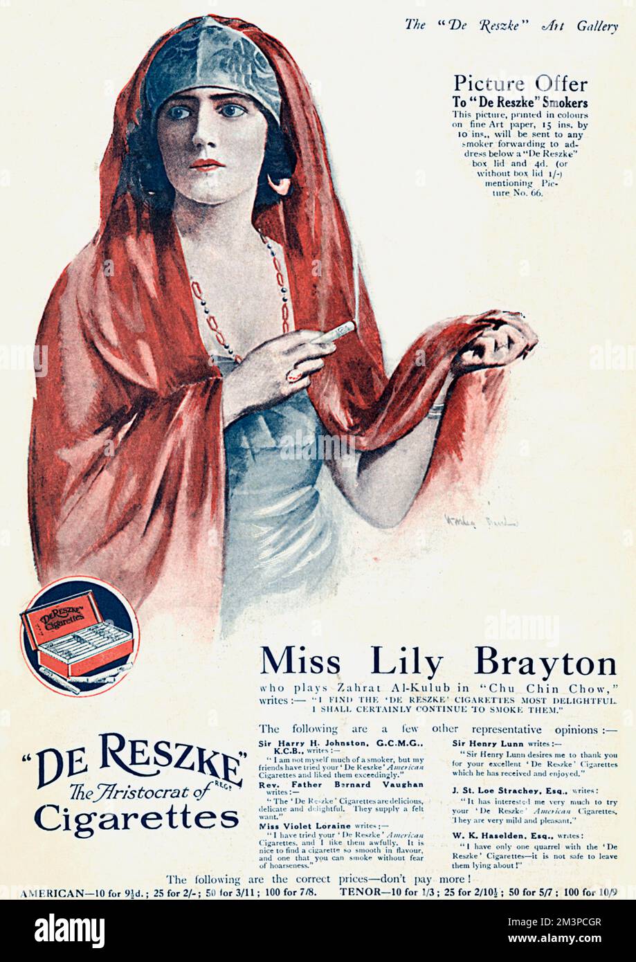 Advertisement for De Reske cigarettes featuring the actress Lily Brayton, who was playing the role of Zahrat Al-Kulb in the hugely popular wartime musical play, Chu Chin Chow.  Miss Brayton writes, &quot;I find the De Reske cigarettes most delightful.  I shall certainly continue to smoke them.&quot;  1919 Stock Photo