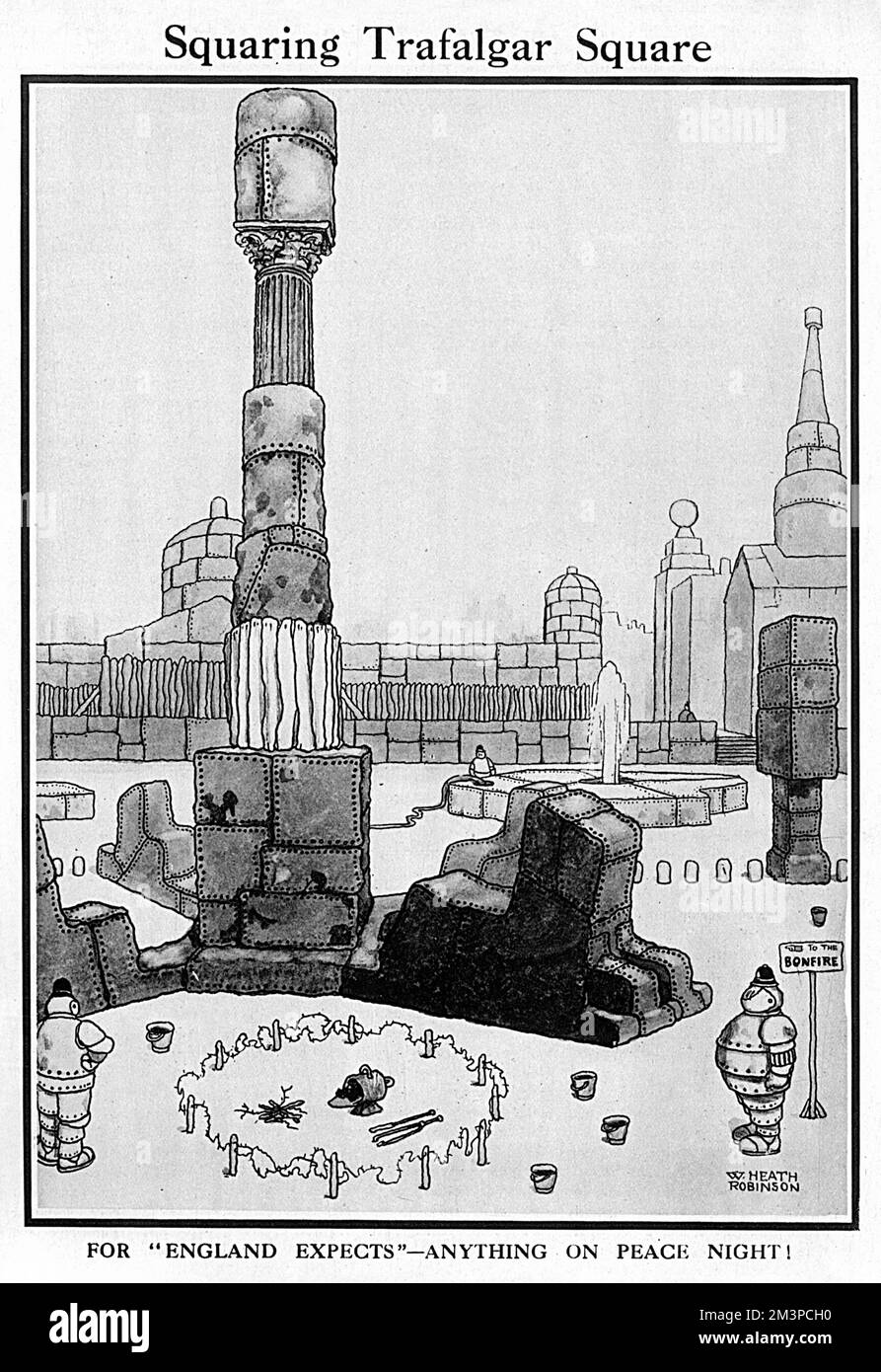 'For &quot;England Expects&quot; - Anything on Peace Night.'  Trafalgar Square in the heart of London with all its monuments - Nelson's Column, Landseer's lions and the National Gallery - all armoured against rowdy celebrations expected for marking peace in Europe at the end of the First World War.       Date: 1919 Stock Photo