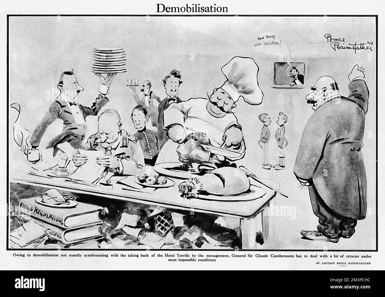 'Owing to demobilisation not exactly synchronising with the taking back of the Hotel Terrific by the management, General Sir Claude Cumbersome has to deal with a lot of returns under most impossible conditions.' During the First World War, a number of smart hotels were requisitioned for military use.  According to this cartoon by Bruce Bairnsfather in The Bystander, the hoteliers have moved back in with the end of the war before the military have moved out!    1919 Stock Photo