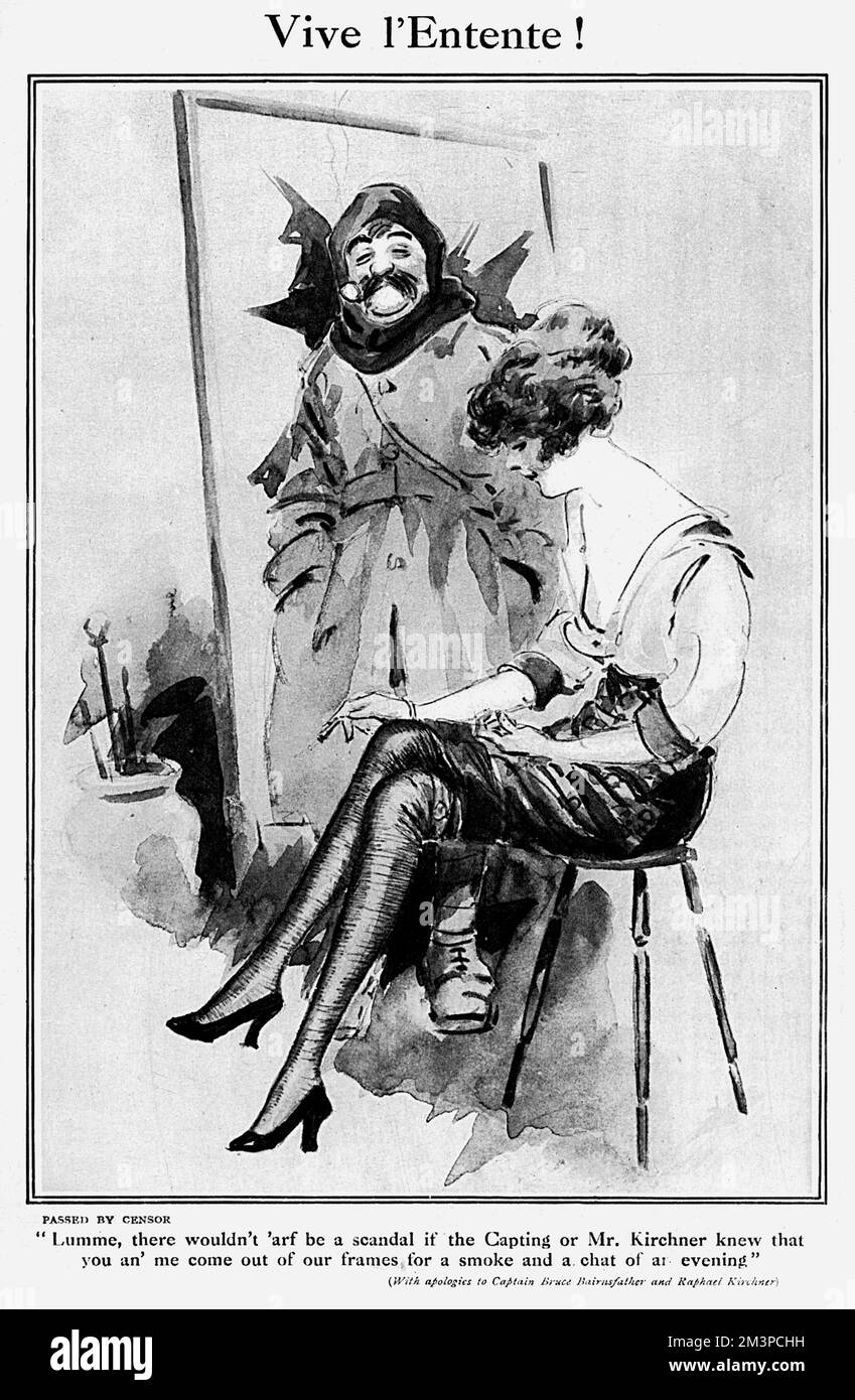 &quot;Lumme, there wouldn't 'arf be a scandal if the Capting or Mr Kirchner knew that you an' me come out of our frames for a smoke and a chat of an evening&quot;  An affectionate cartoon imagining two favourite characters - Bairnsfather's Old Bill and a Kirchner girl - meeting outside of their usual pages.  1917 Stock Photo