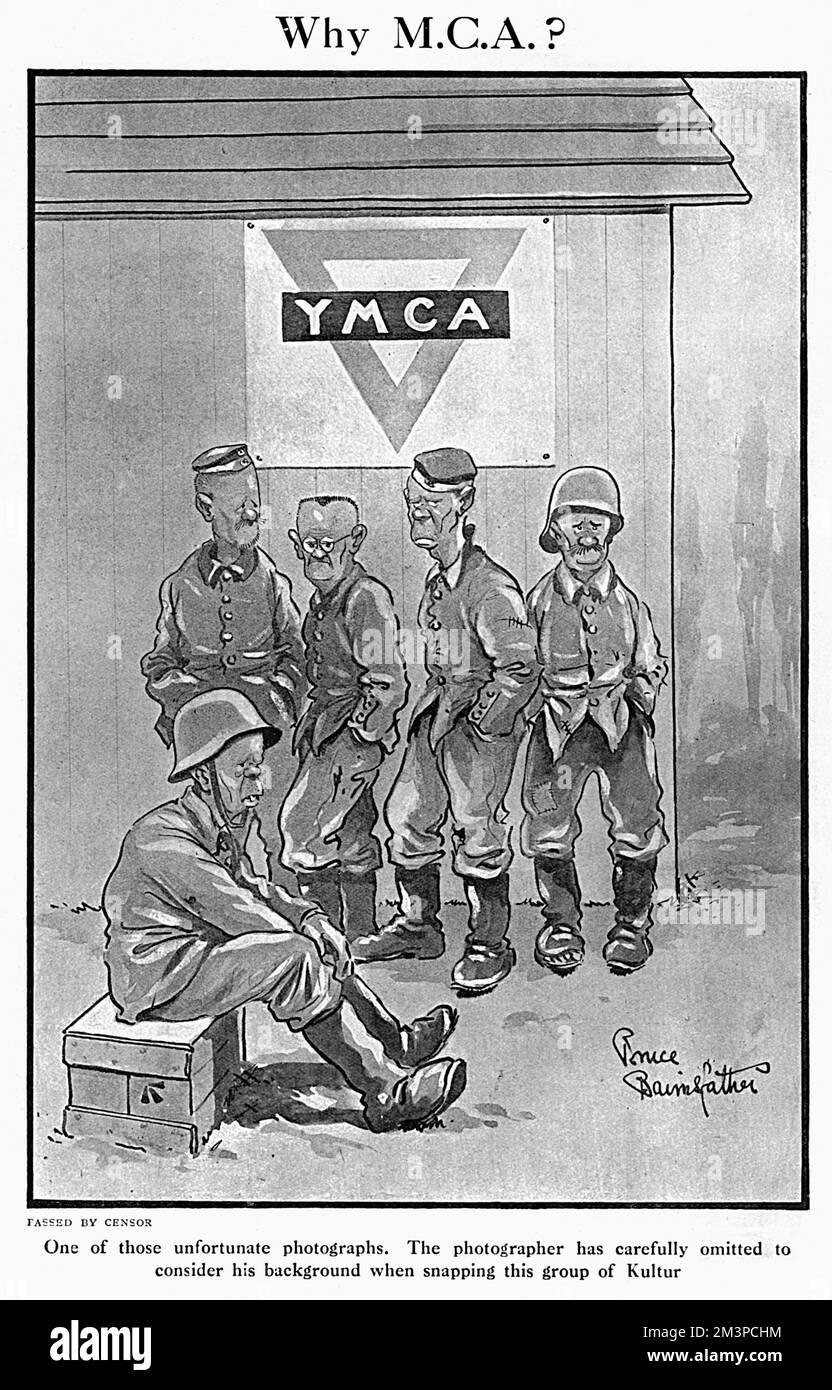 'Why M.C.A.?'  A cartoon by Captain Bruce Bairnsfather showing a group of German soldiers in front of a Y.M.C.A. hut, with the caption...  'One of those unfortunate photographs. The photographer has carefully omitted to consider his background when snapping this group of Kultur.'     Date: August 1917 Stock Photo