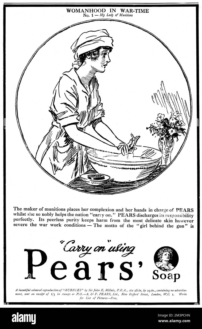Advertisement for the famous Pears' soap, the first in their 'Womanhood in War-Time' series.  No. 1 is 'My Lady of Munitions' and features a munitions worker or 'munitionette' in uniform at a wash bowl.    1917 Stock Photo
