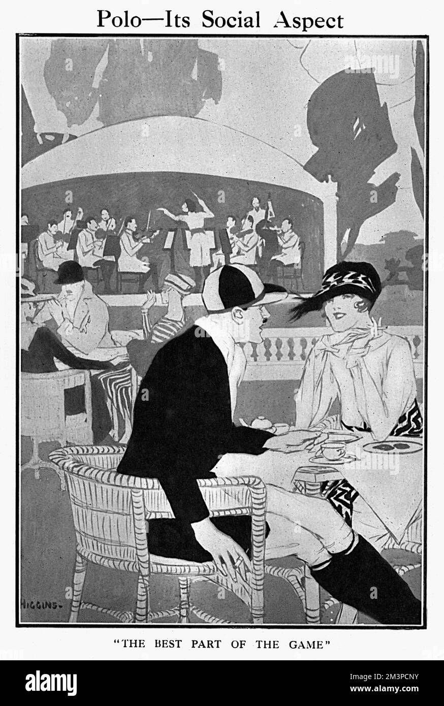 'The best part of the game.'  Polo players  at a club such as Hurlingham or Ranelagh unwind after (or in the middle) of a match to share pleasantries with some female companions while a band plays in the background.       Date: 1919 Stock Photo