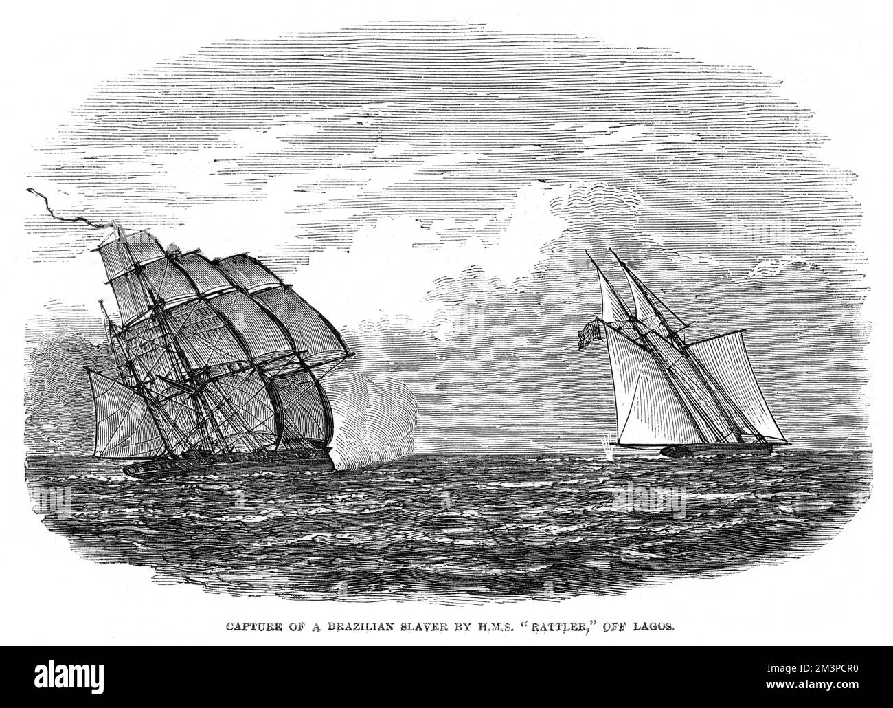 Capture of a Brazilian slaver, Andorinha, by British ship HMS Rattler off Lagos, Nigeria, western coast of Africa.     Date: 1849 Stock Photo
