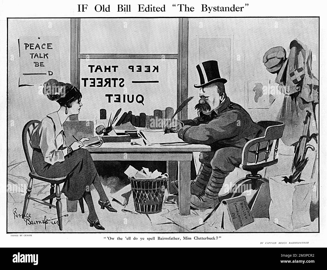 'IF Old Bill Edited &quot;The Bystander&quot;'    &quot;'Ow the 'ell do ye spell Bairnsfather, Miss Clutterbuck?&quot;    A cartoon by Captain Bruce Bairnsfather which appeared in an issue of The Bystander themed around the word 'If'. His popular character Old Bill struggles with the spelling of his own creator and seeks advice from a secretary.     Date: 1917 Stock Photo
