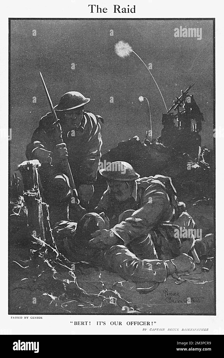 'The Raid'  &quot;Bert! It's our officer!&quot;    A cartoon by Captain Bruce Bairnsfather in The Bystander. During a night raid, Old Bill and Bert discover the body of their comrade     Date: 1918 Stock Photo