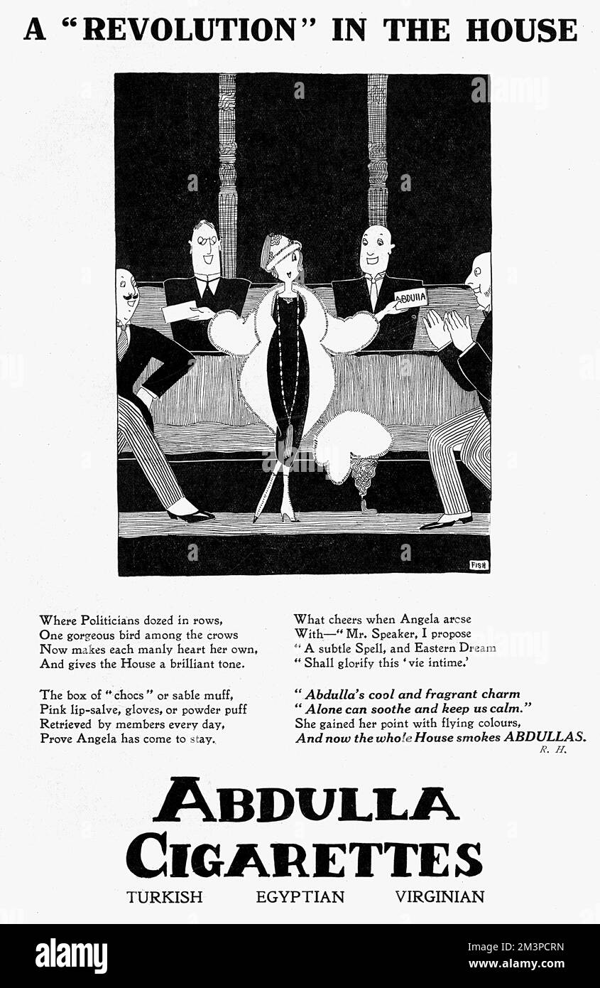 Advertisement illustrated by Annie Fish for Abdulla Cigarettes, one in a series documenting the political career of 'Angela' a pioneering female politician in the post-WW1 era, who likes to share Abdulla cigarettes around, such as here in the House of Commons.     Date: 1919 Stock Photo