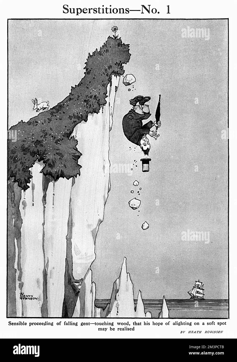 Sensible proceeding of falling gent - touching wood, that his hope of alighting on a soft spot may be realised.  The ultimate optimist depicted by William Heath Robinson in a cartoon which shows a man about to fall victim of an unfortunate accident.     Date: 1919 Stock Photo