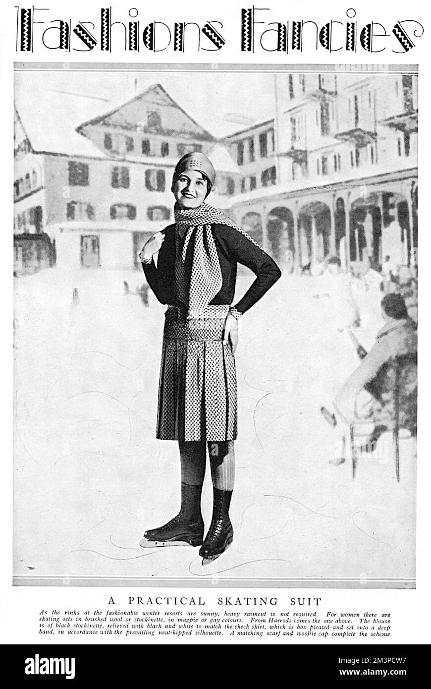 A practical skating suit for wearing to the rinks of fashionable winter resorts.  The blouse is of black stockinette, relieved with black and white to match the check skirt, which is box pleated and set into a deep band, 'in accordance with the prevealing neat-hipped silhouette.'  A matching scarf and woollie cap complete the scheme.  1929 Stock Photo