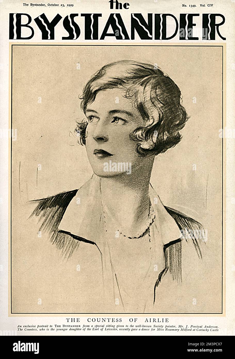 The Countess of Airlie, formerly Lady Alexandra Marie Bridget Coke, daughter of the 3rd Earl of Leicester.  Married David Ogilvy, 7th Earl of Airlie in 1917 and had six children including the Rt. Hon. Angus Ogilvy, husband of Princess Alexandra of Kent.  She is featured in a portrait by society painter, J. Percival Anderson and the magazine reports that she recently gave a dance for Miss Rosemary Mitford at Cortachy Castle.     Date: 1929 Stock Photo