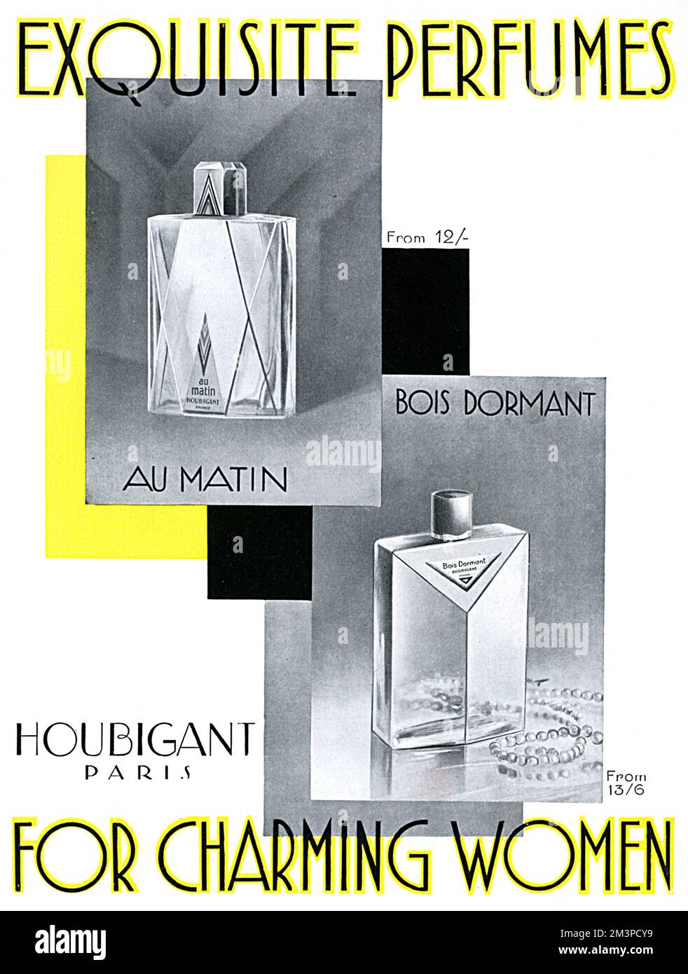 Advertisement for two 'exquisite perfumes' by Houbignant of Paris - Au Matin and Bois Dormant, for 'charming women' in 1929.     Date: 1929 Stock Photo