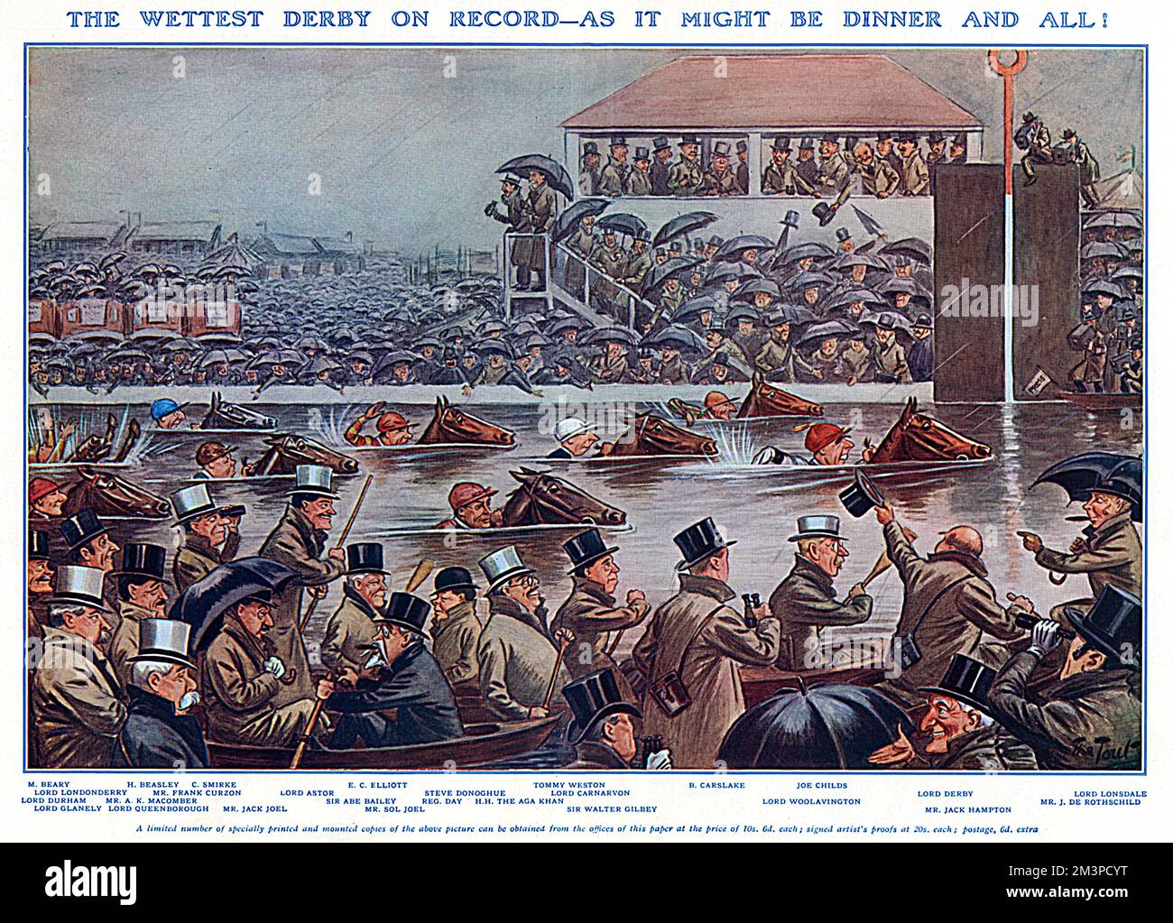 The Wettest Derby on record in 1927 with numerous well-known personalities of the turf coping with the flooded course with the help of umbrellas and rowing boats.  Includes the jockey M. Bearey, Lord Londonderry, Lord Durham, Lord Glaneley, H. Beasley, C. Smirke, Frank Curzon, Mr A. K. Macomber, Lord Queenborough, Mr Jack Joel, Lord Astor, E. C. Elliott, Sir Abe Bailey, Mr Sol (Solly) Joel, Steve Donoghue, Reg Day, the Aga Khan, Tommy Weston, Lord Carnarvon, Sir Walter Gilbey, Brownie Carslake, Joe Childs, Lord Woolavington, Lord Derby, Mr Jack Hampton, Lord Lonsdale and Mr J. de Rothschild. Stock Photo