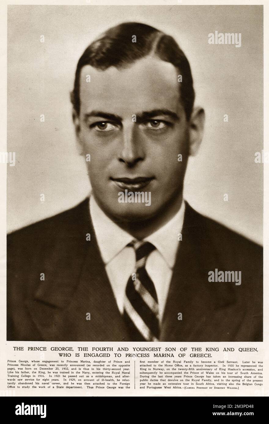 Prince George, Duke of Kent (1902  1942), announcement of his engagement to Princess Marina, daughter of Prince Nicolas of Greece.  Prince George a member of the British Royal Family, the fourth son and fifth child of King George V and Queen Mary.  He died in a military air-crash, on the 25 August 1942, it marked the first death of a member of the Royal Family on active service for 500 years.  1934 Stock Photo