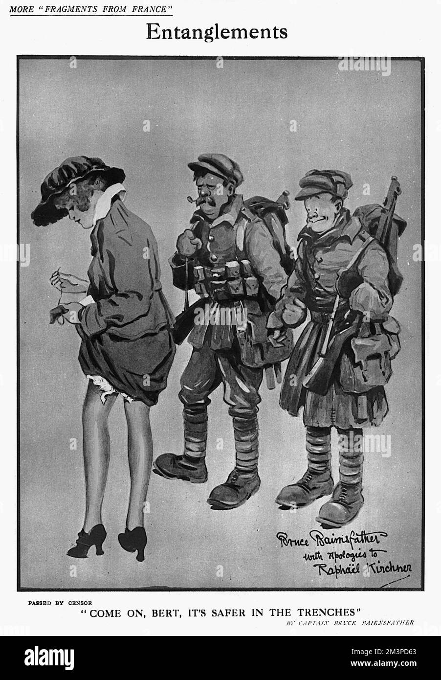 'Entanglements' 'Come on, Bert, it's safer in the trenches'  A cartoon by Captain Bruce Bairnsfather  (with apologies to Raphael Kirchner) in The Bystander. Old Bill and Bert encounter a Kirchner-esque lady. Stock Photo