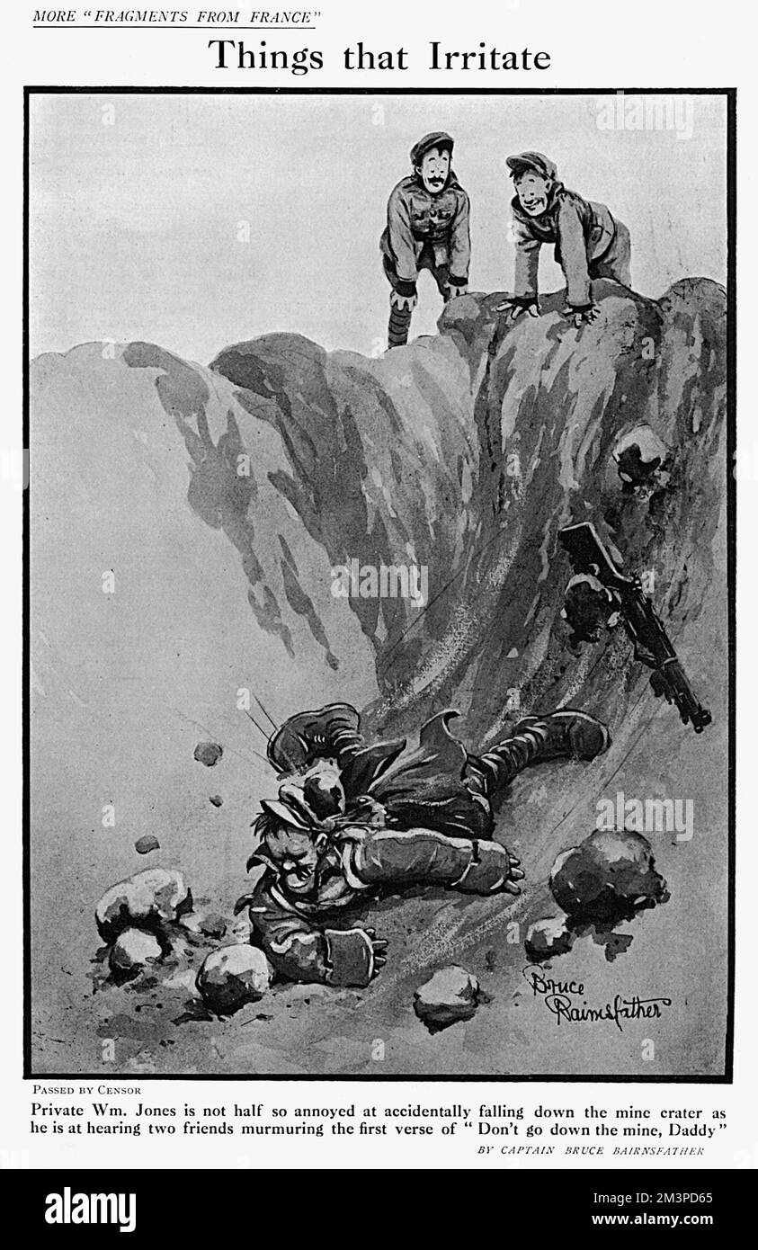 'Things that Irritate' 'Private Wm. Jones is not half so amused at accidentally falling down the mine crater as he is at hearing two friends murmuring the first verse of 'Don't go down the mine, Daddy''  A cartoon by Captain Bruce Bairnsfather in The Bystander Stock Photo